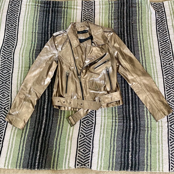 ZARA vegan leather silver metallic logo zip biker jacket - Picture 4 of 10